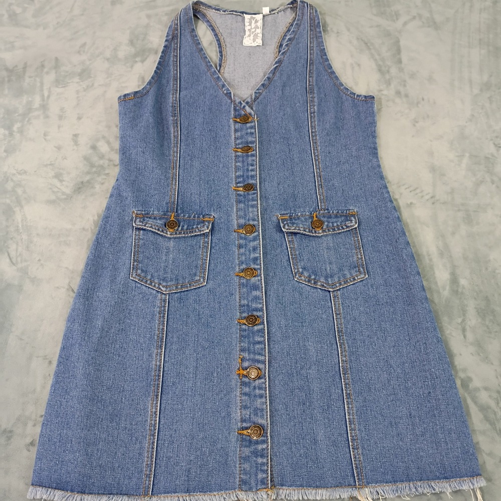 Blue Denim Racerback Button Front Mini Dress with Frayed Hem Medium Wash M